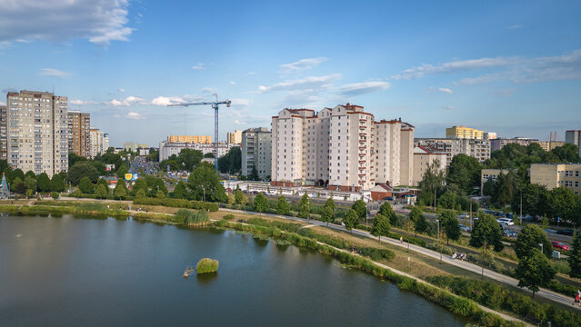 Residential buildings over Balaton Lake in Goclaw area, South Praga district of Warsaw, Poland