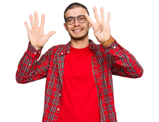 Hispanic young man wearing casual clothes showing and pointing up with fingers number nine while smiling confident and happy.