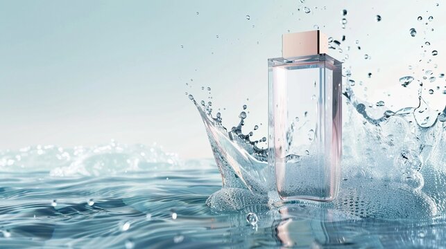 Sleek perfume design emerging from crystalclear water, minimalist concept no splash