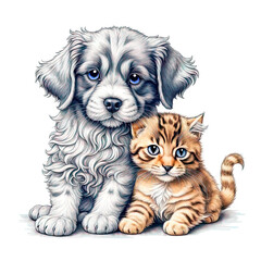 Nursery print with cute puppy and kitten in the style of an antique engraving on a white background isolated.