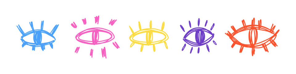 Set of doodle eyes with eyelashes drawn by hand. Vector simple illustration.