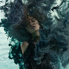 Model enveloped in a cloud of ink, mysterious underwater fashion low texture
