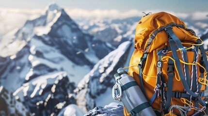 Highaltitude mountaineering gear against a backdrop of gusting winds and snowy peaks hyper realistic - obrazy, fototapety, plakaty