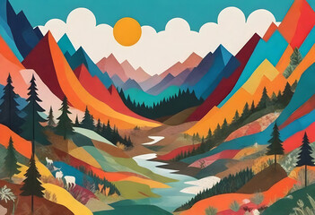a colorful painting and photo collage of mountains and trees