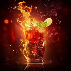 Explosion of flavor concept, cocktail with a splash against a fiery background hyper realistic
