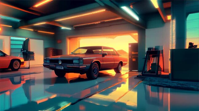 A vintage vehicle stands in the nostalgic ambiance of a garage, basked in the warm, orange light of a setting sun filtering through.
