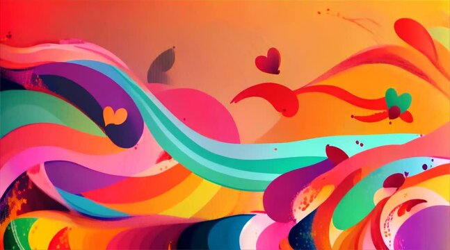 A lively and colorful abstract background with swirling patterns and floating hearts, embodying joy and a sense of playfulness.

