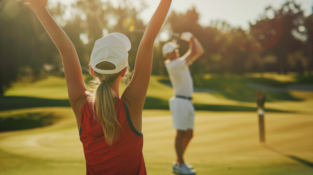 Woman cheering on a golf course as man swings in the background
