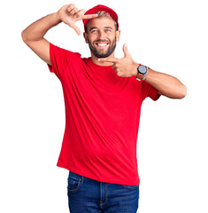 Young handsome blond man wearing t-shirt and cap smiling making frame with hands and fingers with happy face. creativity and photography concept.