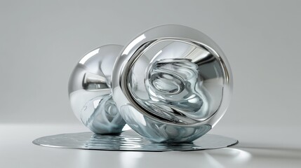 Metallic liquid forms with reflective surfaces creating an abstract sculpture.