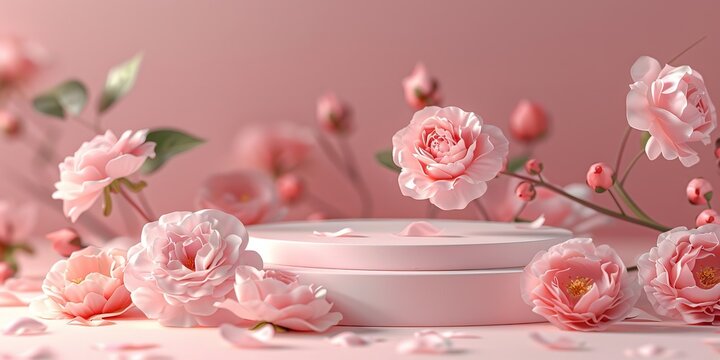 Empty pink podium to showcase goods and presents or cosmetics with a pink rose arrangement on a pink background, Generative AI.