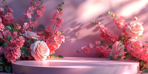 Empty pink podium to showcase goods and presents or cosmetics with a pink rose arrangement on a pink background, Generative AI.