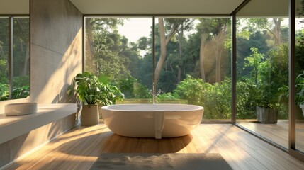 Elegant modern bathroom featuring a standalone bathtub, floor-to-ceiling windows and a lush forest view, reflecting serenity and luxury.