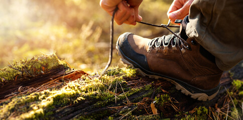 man tying hiking boot shoelace on fallen tree trunk in forest. outdoor footwear and clothing....