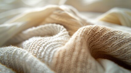 Close-up of textured beige knitted fabric highlighting intricate weave details, Concept of comfort,...