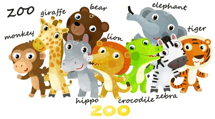 Gordijnen Cartoon zoo scene with zoo animals friends together in amusement park on white background with space for text illustration for children © honeyflavour
