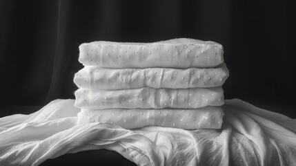 Stack of crisp white linen towels on dark background, emphasizing contrast and purity, Concept of minimalism, cleanliness, monochrome