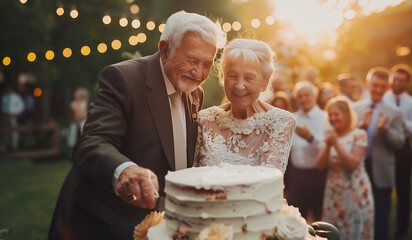 Happy elegant dressed elderly grey-haired couple cheerful smiling when they cutting their 60th Wedding Anniversary cake among friends, family relatives on backyard. Happiness of relationships concept. - obrazy, fototapety, plakaty