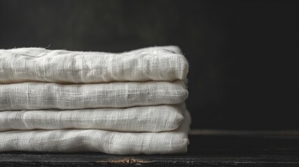 Stack of crisp white linen towels on dark background, emphasizing contrast and purity, Concept of minimalism, cleanliness, monochrome