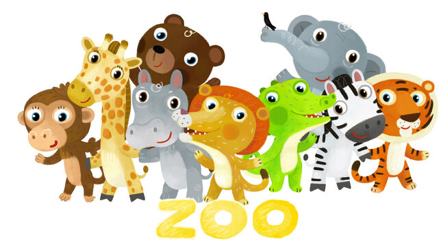Cartoon zoo scene with zoo animals friends together in amusement park on white background with space for text illustration for children