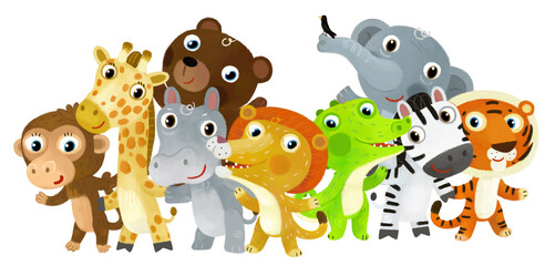 Cartoon zoo scene with zoo animals friends together in amusement park on white background with space for text illustration for children