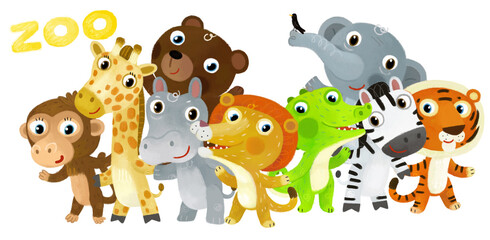 Cartoon zoo scene with zoo animals friends together in amusement park on white background with space for text illustration for children