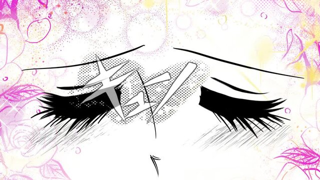 70年代少女漫画のキラキラした瞳で見つめる女の子のドアップイラストと花園背景