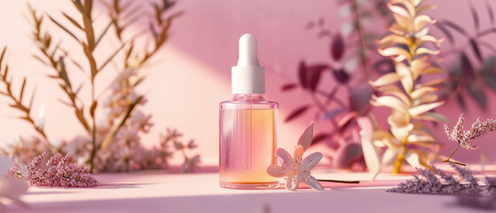 Obraz na płótnie Canvas Pink floral showcase with cream jar, container, serum bottle, surreal flowers in trendy pastel color. Shadows effect.Skin Care, makeup concept. Cosmetic product presentation. Generative ai