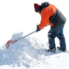 Individual clearing snow from a driveway isolated on white background, png
