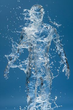 Flowing beauty emerging from moving water splashes is a human figure against blue backdrop with space, Generative AI.