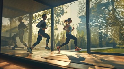 A man and a woman in sportswear running around the house and showing off luxury fitness equipment. The setting is an elegant living room with large windows. - obrazy, fototapety, plakaty