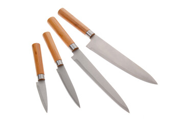Kitchen knives with wooden handle set on white background