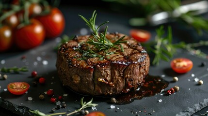 Fototapeta na wymiar perfectly grilled filet mignon steak on slate, surrounded by fresh herbs and tomatoes, against a dark background, close-up shot, macro shot.