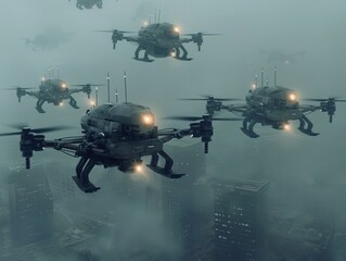 A squadron of advanced drones hovers above a fog-engulfed city skyline, signaling high-tech surveillance.