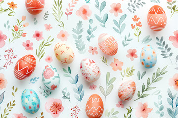 Fototapeta na wymiar Top view of decorated Easter eggs among spring flowers.