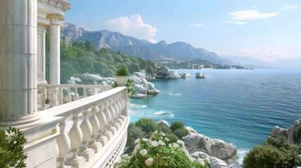 Balcony with white marble railings overlooking the azure sea, surrounded by lush greenery and mountains in the distance. Detailed architectural elements add to its grandeur.