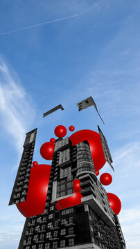 Abstract geometric black and white modern building with red geometric elements on blue sky background. Contemporary artwork. Concept of architecture, urban theme, surrealism, creativity, inspiration