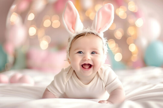 Smiling baby with bunny ears in a festive Easter setup, ideal for holiday promotions.