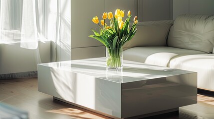 A white coffee table next to a beige sofa, located in the center of the open living room and decorated with light yellow tulips. Sunlight streams in through large windows.