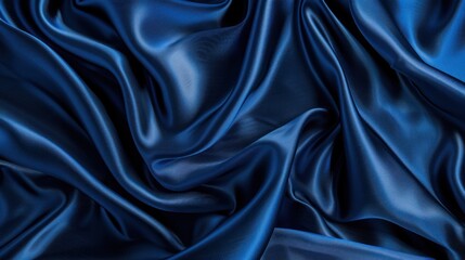Texture of dark blue silk with folds in the form of waves, softly reflecting light