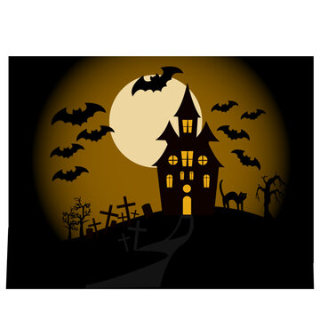 Silhouettes de manoir, chauve-souris, cimeti&egrave;re, chat sur fond de clair de lune