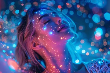 Close-up portrait of beautiful young woman surrounded by neon blue lines, dots and flares. Futuristic image of interaction with virtual reality. Interactive AI interface, neural network visualization.