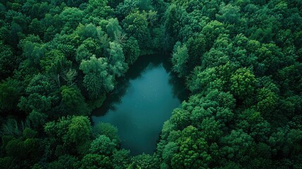 An aerial view of a dense green forest with a lake in the middle, shot from top to bottom with a drone, providing a wide-angle natural background.
