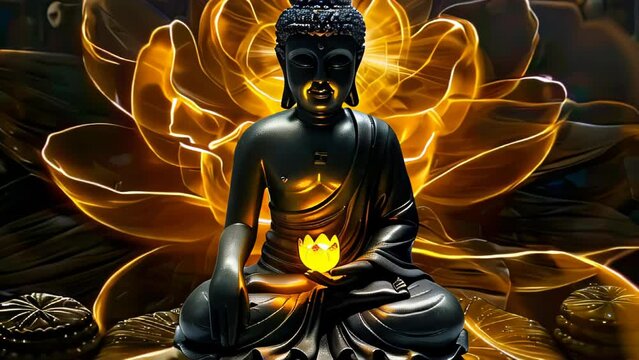 Black Buddha statue sits in lotus position meditating on a lotus flower. Eyes peacefully closed, holding a glowing lotus in its hands. 