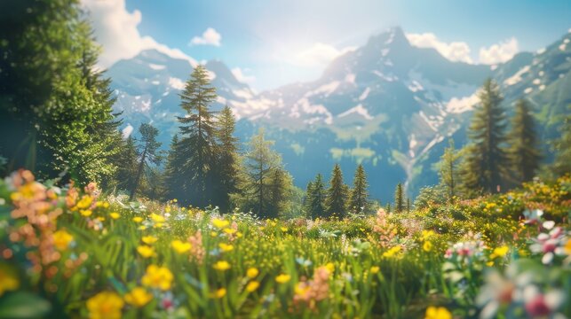 Outdoor flower scene with bright sunlight in the mountains