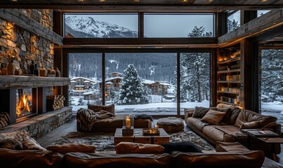 An expensive dark interior of a cozy and sophisticated chalet with a gorgeous panoramic view, fireplace and leather sofas