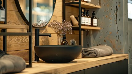 The bathroom is dark wood with an oval mirror, shelves and a black sink in the center. Soft lighting that highlights details such as bronze accents and concrete textures for a luxurious feel.