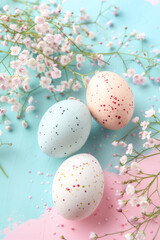 Fototapeta na wymiar Pastel Easter eggs with baby's breath on a soft blue background, ideal for spring holiday designs.