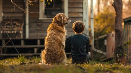 Old golden retriever dog sitting next to a boy, back view, full body shot, near the house, cute and dreamy, emotional expressionism.