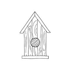 Line drawing of wooden birdhouse with triangular roof isolated on white background.